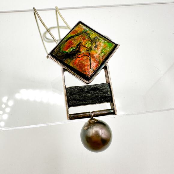 Ammolite Pendant Sterling Silver Necklace | Black Tourmaline? Black Pearl Signed - Picture 5 of 13